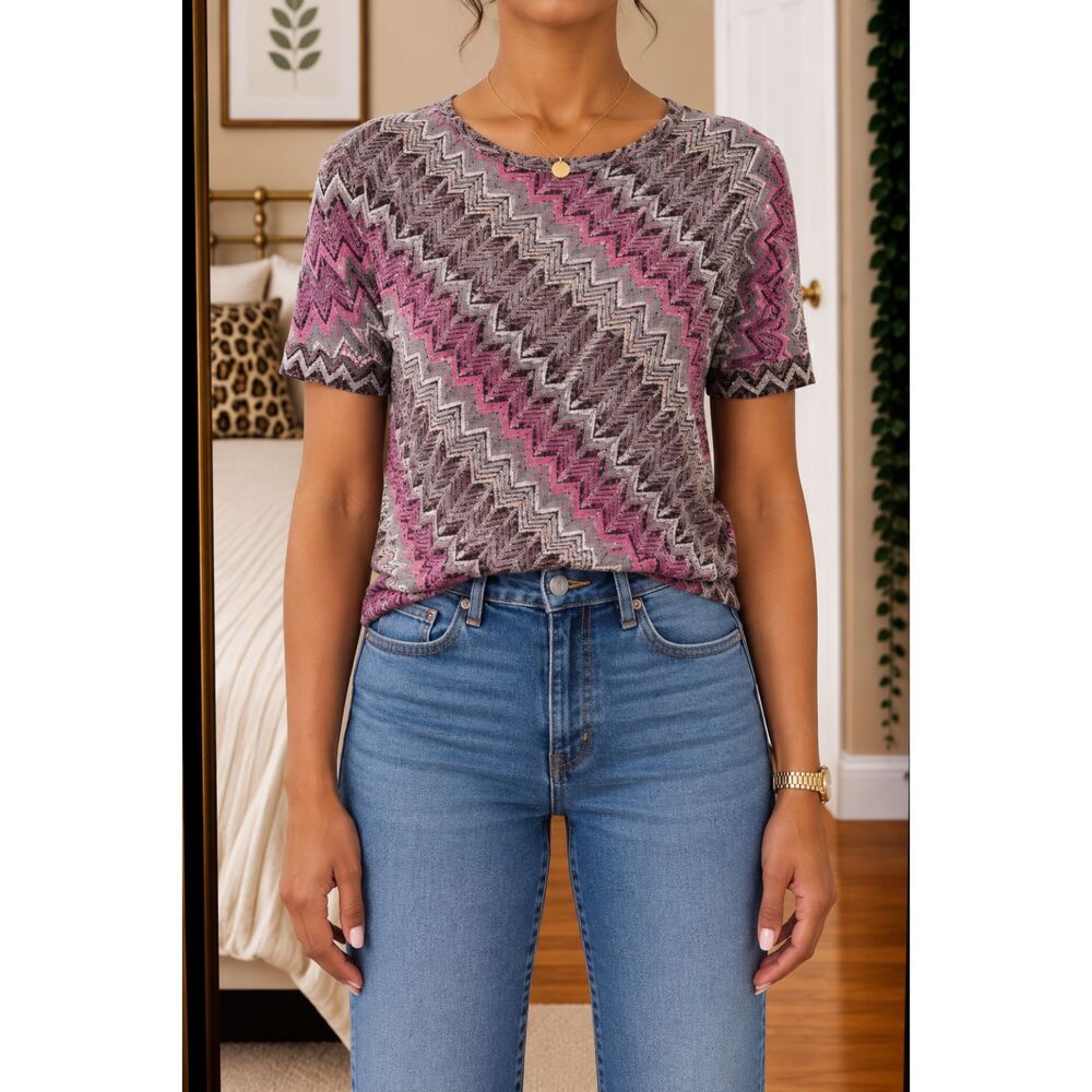 Pink Rose Zigzag Knit Top M Retro Maximalist Short Sleeve Sweater